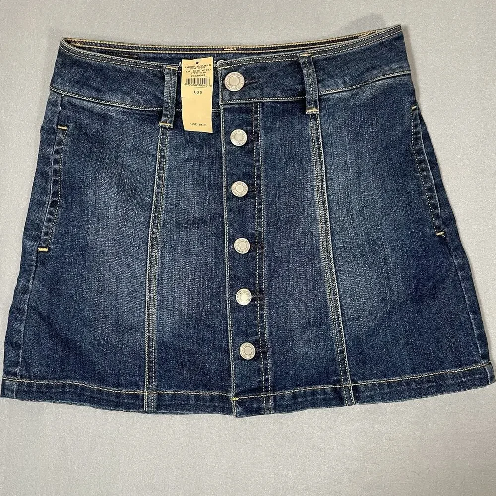 American Eagle Outfitters Stretch A-Line Skirt Womens 0 Blue Denim Button Casual